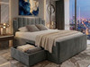 Violeta fabric bed frame in luxurious grey velvet, featuring the large jumbo storage drawer fully open on castors to reveal spacious under-bed storage.